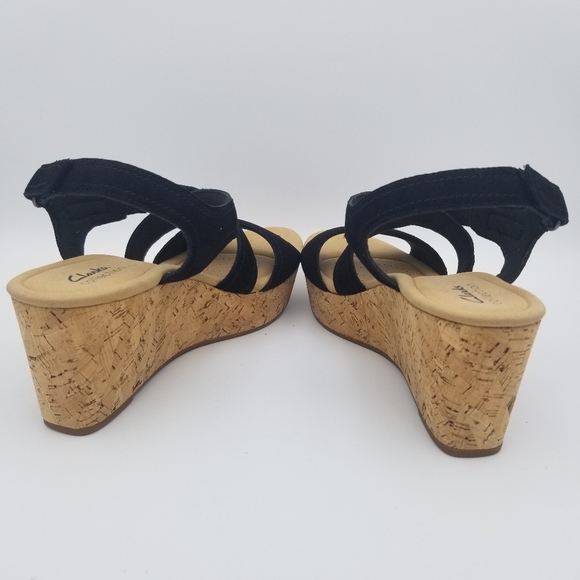 NWOT 9.5W Wide Clarks Rose Way Crisscross Platform Wedge Sandals, Black Suede - Picture 6 of 16